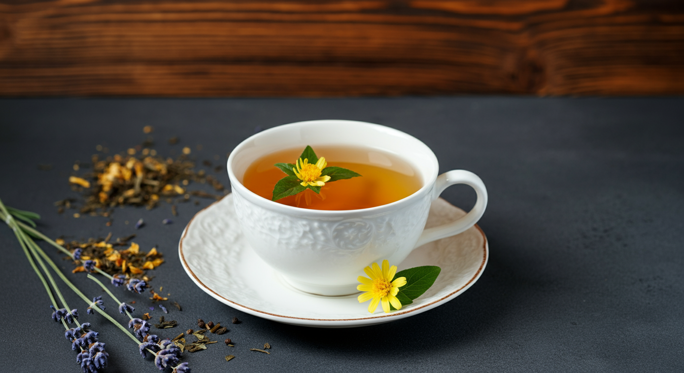A porcelain teacup filled with herbal tea features a small yellow flower and fresh green leaves floating on top, symbolizing natural health benefits.