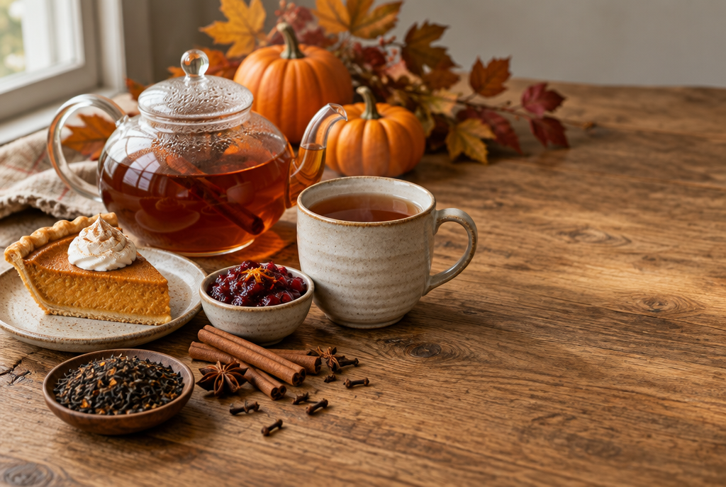 A glass teapot of spiced tea, a mug of tea, a slice of pumpkin pie and a dish of cranberry sauce with cinnamon sticks and cloves on an oak table
