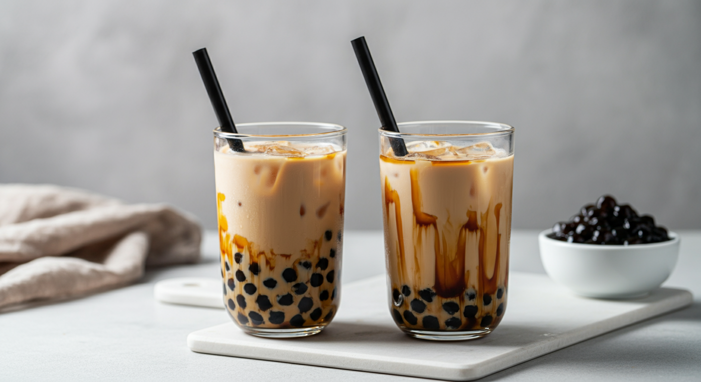 Two glasses of brown sugar bubble tea with tapioca pearls and layered milk on a white marble surface.