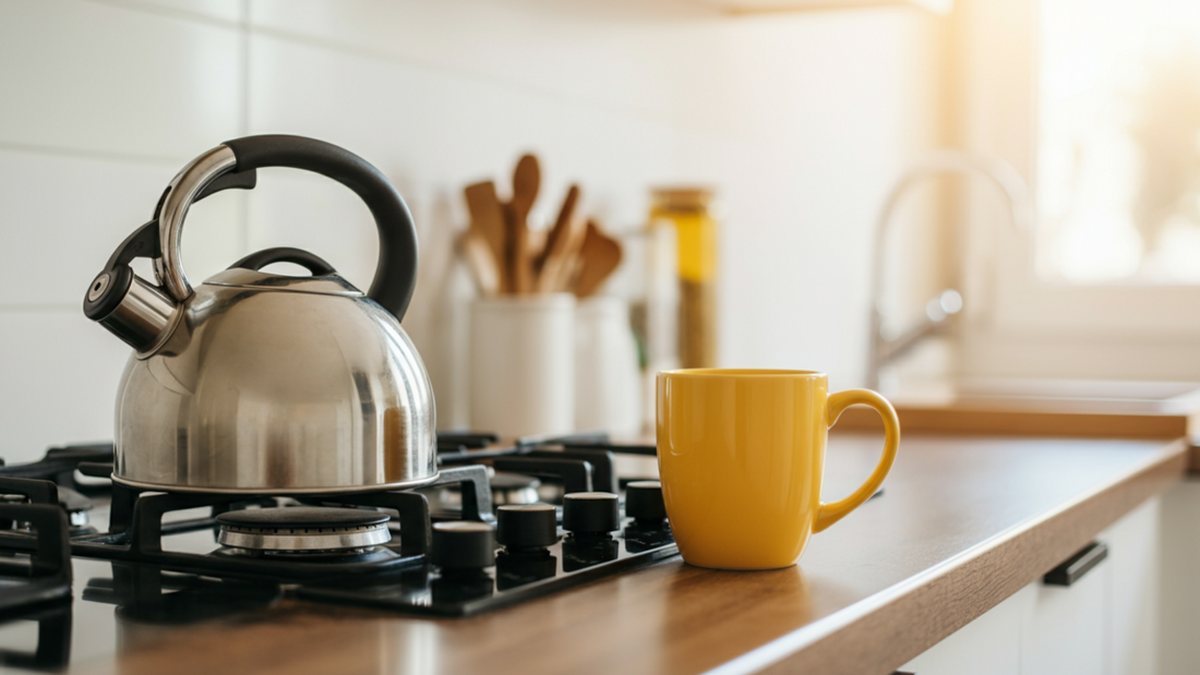Stainless steel tea kettle on a black stovetop beside a sunny yellow mug on a brown countertop, softly lit by natural light in a bright, cozy kitchen with sunlit windows and white cabinetry.