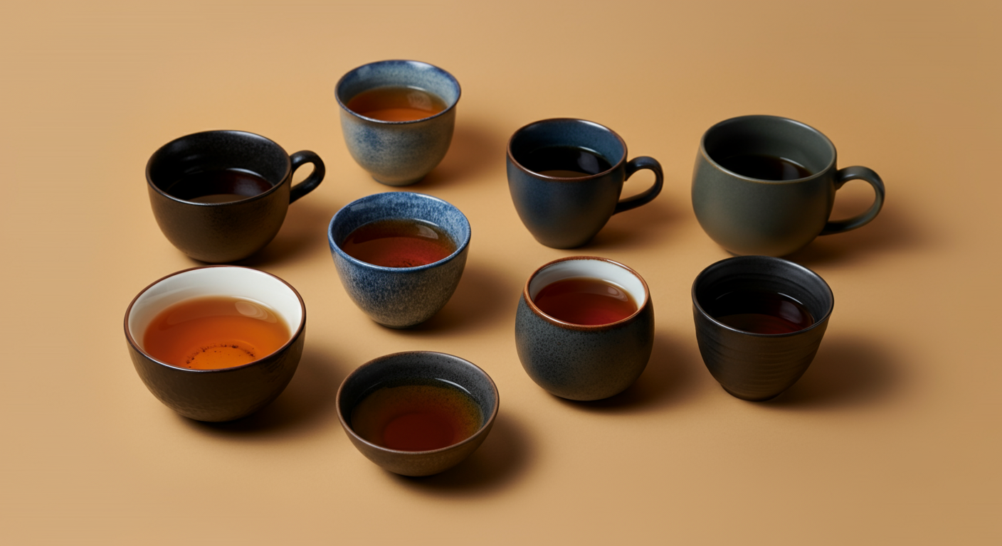 Grid of ten unique black tea cups (different shapes, colors of tea from light amber to deep mahogany), arranged in a tidy 5x2 pattern on a warm cream background, soft natural shadows