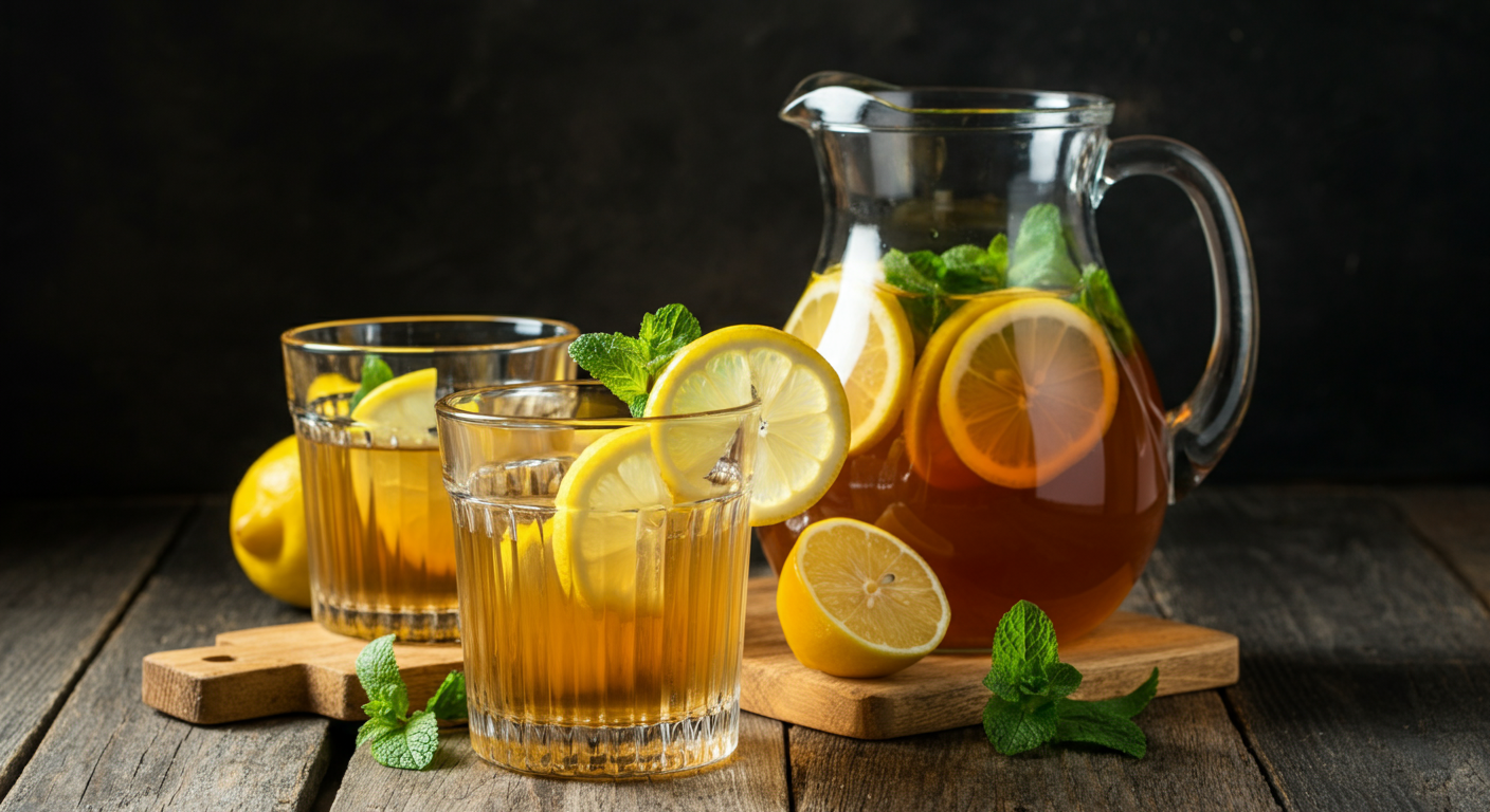 A glass pitcher and two glasses of iced herbal tea, garnished with lemon slices and mint leaves, sit on a rustic wooden surface.
