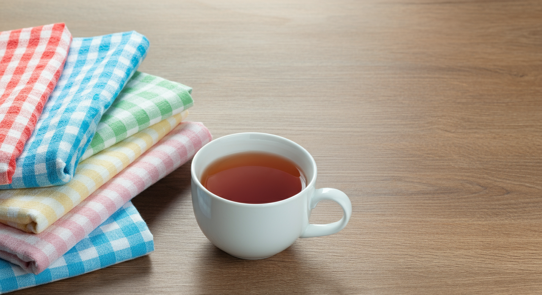 A white cup of tea sits on a wooden table surrounded by neatly folded pastel and checkered towels.