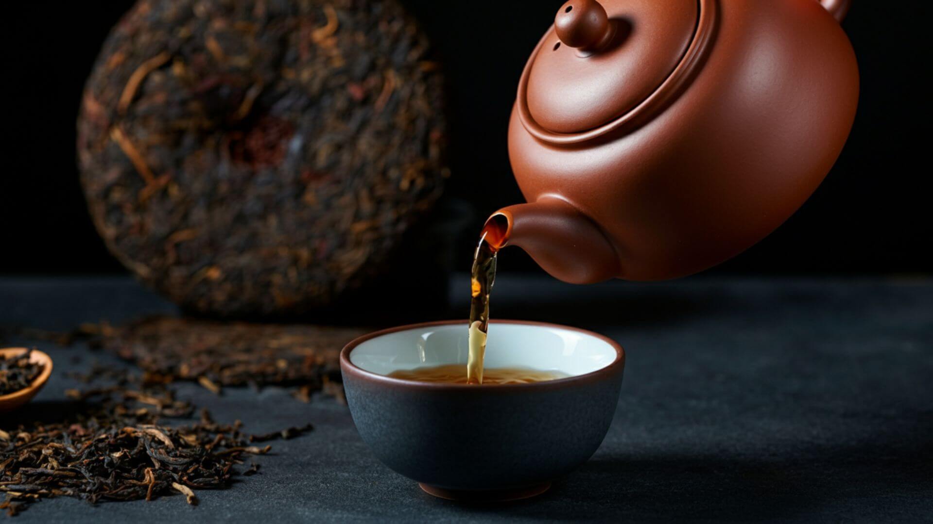 Yixing tea pot pouring pu erh tea into a tea cup