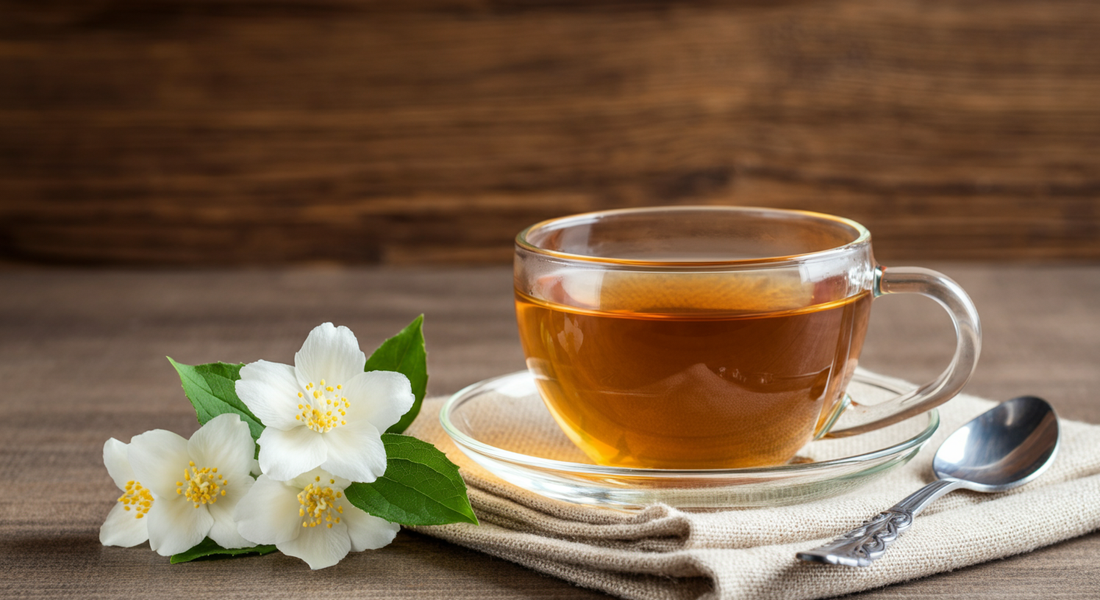 Transparent glass cup of light jasmine tea, white jasmine flowers and green leaves to the left, and a wooden background softly lit for a tranquil, refreshing feel.