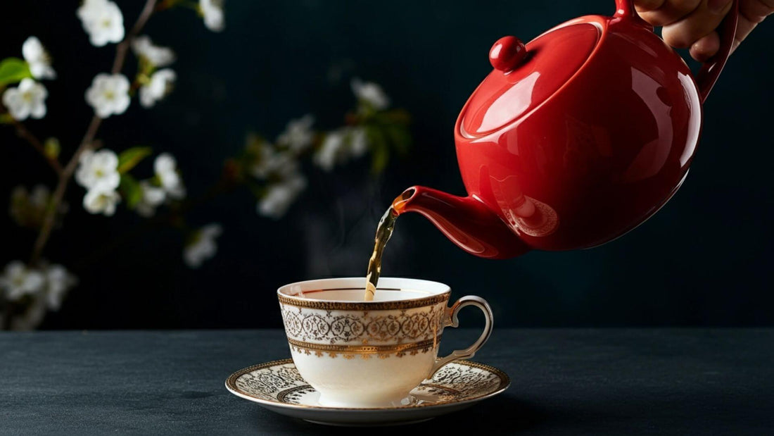 Red teapot pours tea into a white and gold accent teacup 