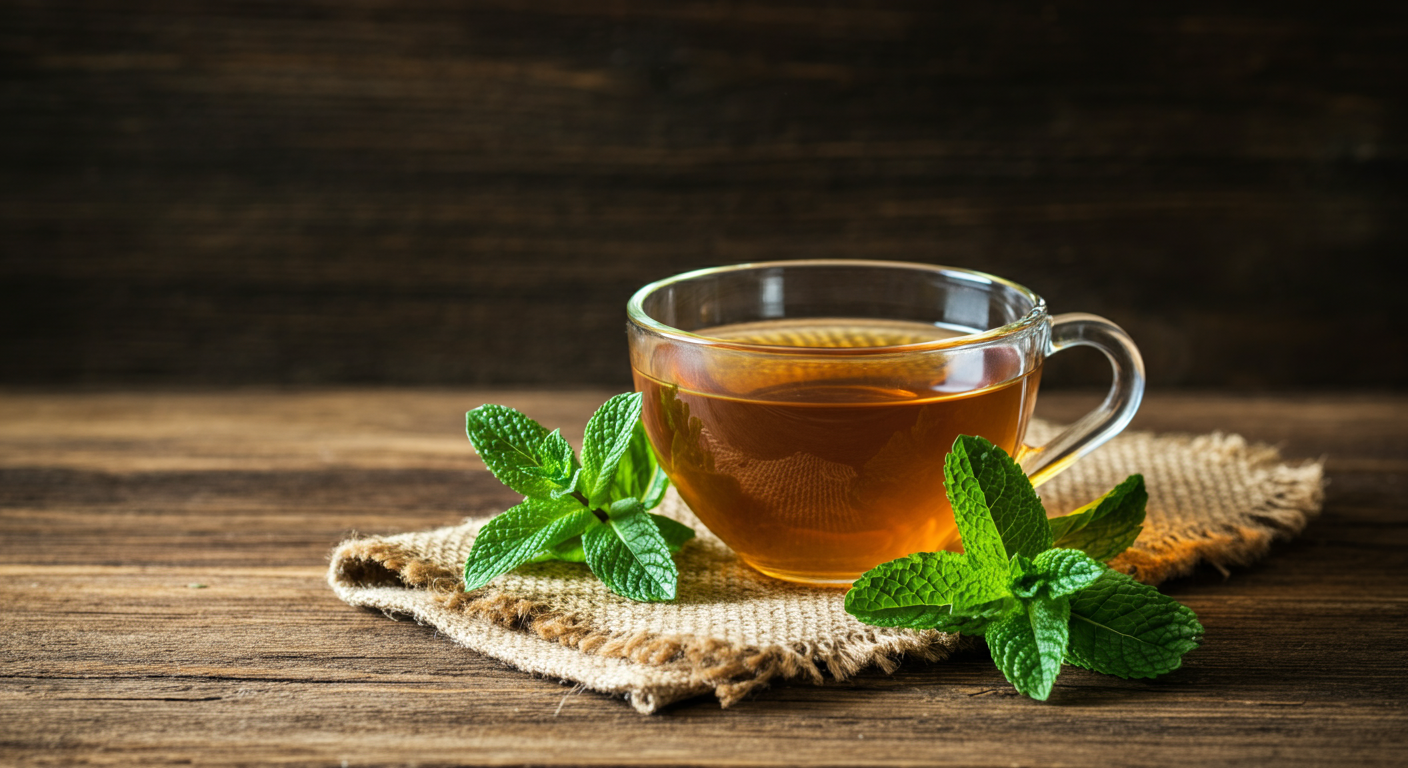 Close-up of peppermint tea in a glass cup garnished with mint leaves on a woven mat, surrounded by fresh mint on a rustic wooden surface with soft natural light.