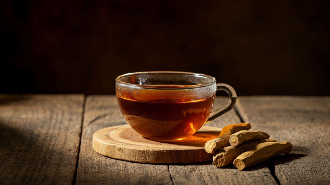 Glass teacup filled with ashwagandha tea on a wooden saucer with ashwagandha sticks on the side