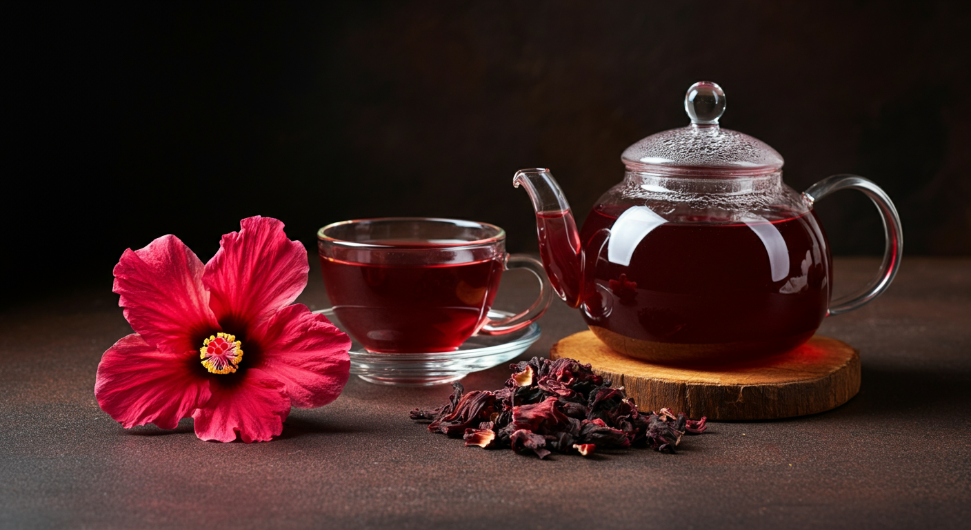 hibiscus herbal tea in a glass teapot and cup evoking drinking hibiscus tea.