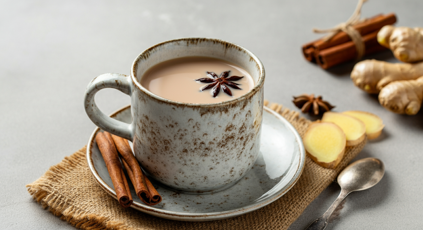 Rustic ceramic cup of chai with star anise on a saucer, surrounded by cinnamon, ginger, and a silver spoon on burlap, softly lit for a warm, cozy feel.