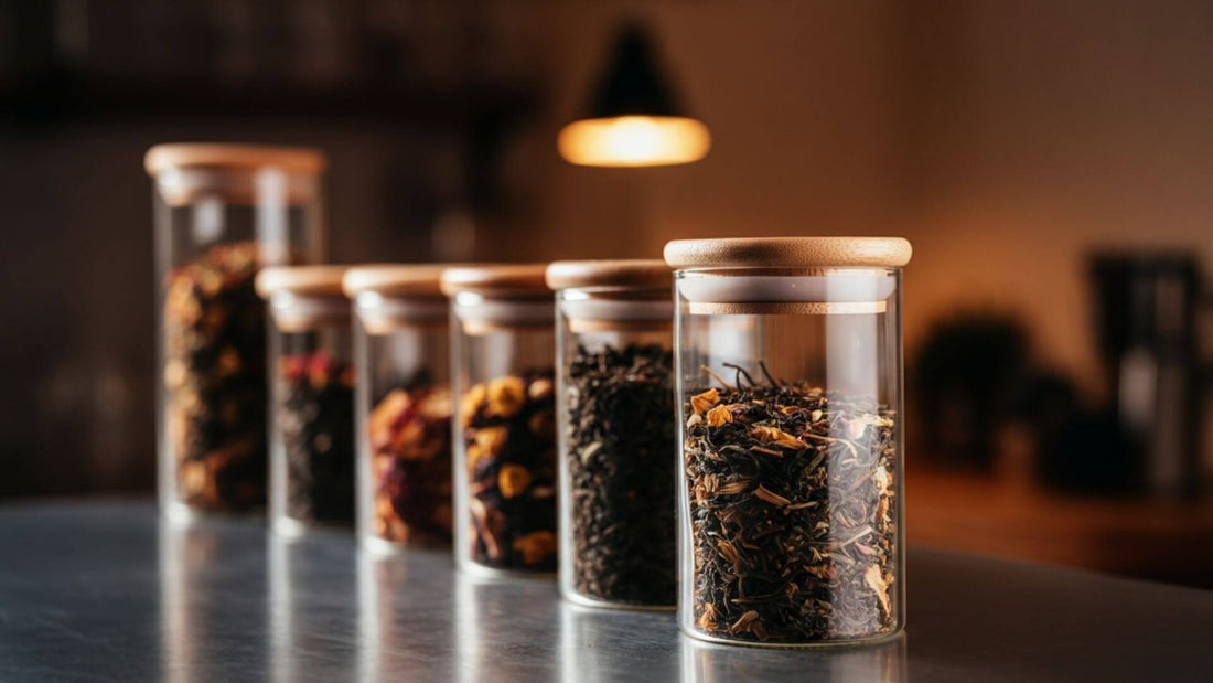Glass jars with wooden lids filled with various dried loose leaf tea