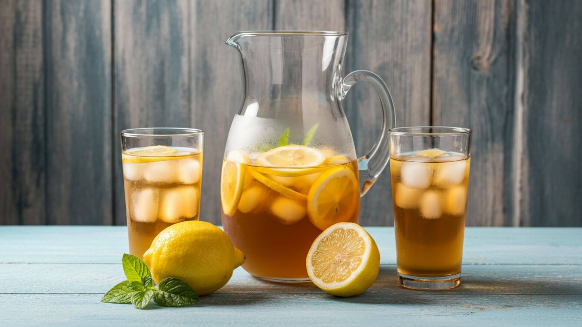 A Glass pitcher filled with iced tea and lemon slices, with two glasses of iced tea beside it