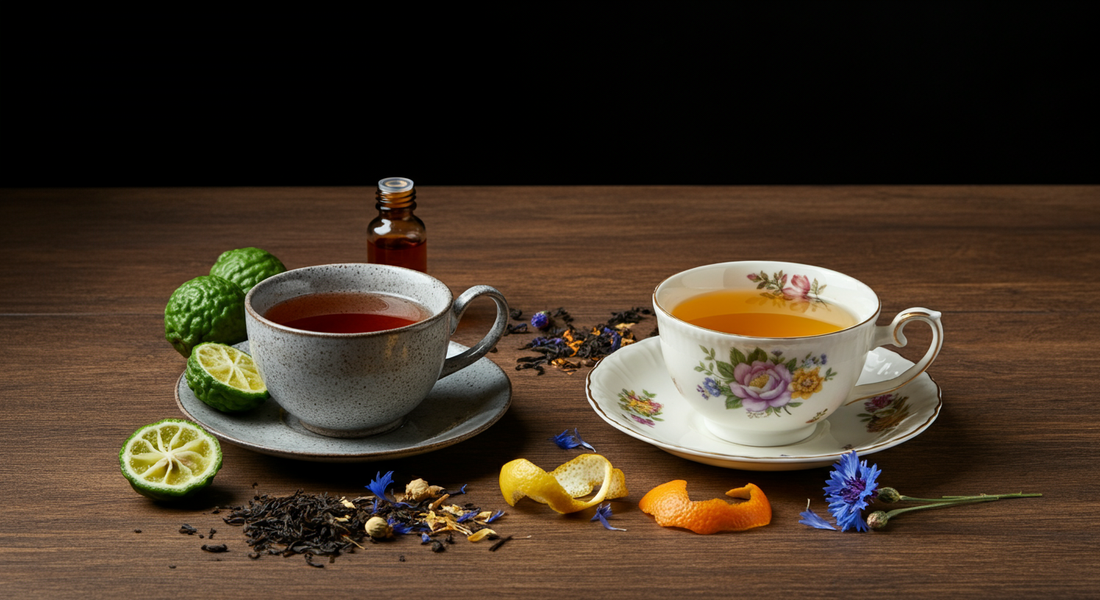 Two teacups of Earl Grey tea and Lady Grey tea