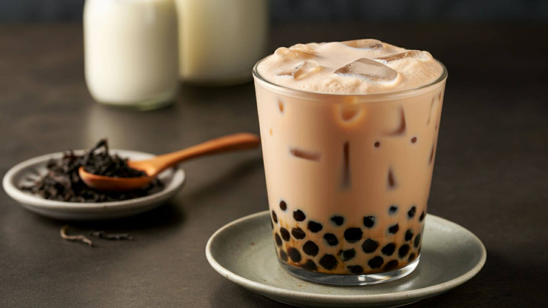 Hokkaido Milk tea with black tea leaves in the background
