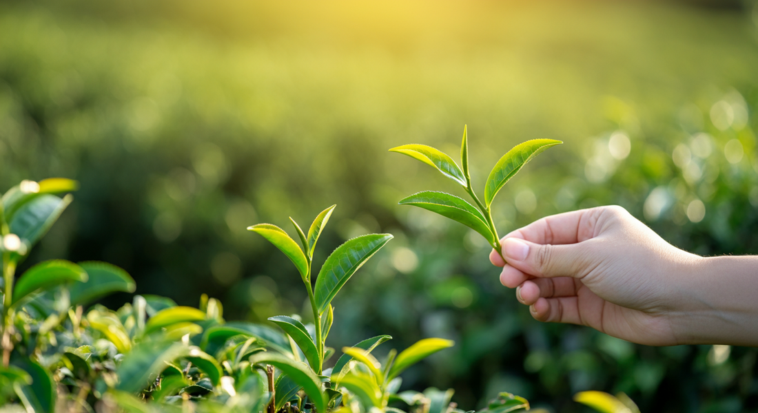 Close-up of a hand plucking a fresh tea plant and tea leaves in a sunlit plantation, with vibrant leaves glistening and blurred greenery in the background, evoking a serene, nurturing atmosphere.