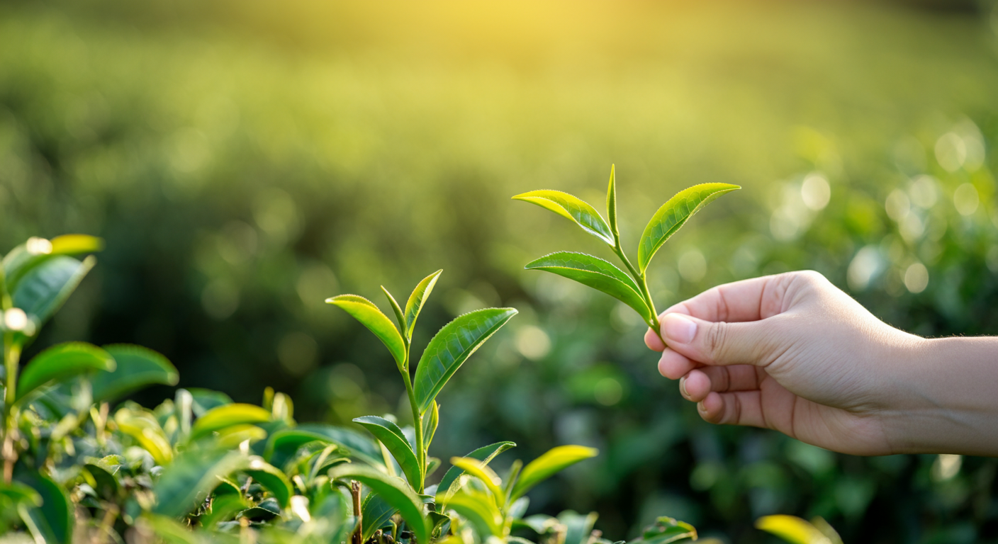 Close-up of a hand plucking a fresh tea plant and tea leaves in a sunlit plantation, with vibrant leaves glistening and blurred greenery in the background, evoking a serene, nurturing atmosphere.