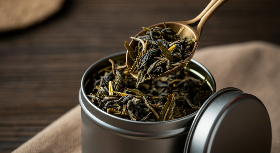 Close-up of a tea scoop lifting fresh loose leaf tea leaves from an open tin, with a simple background highlighting the leaves’ vibrant texture.
