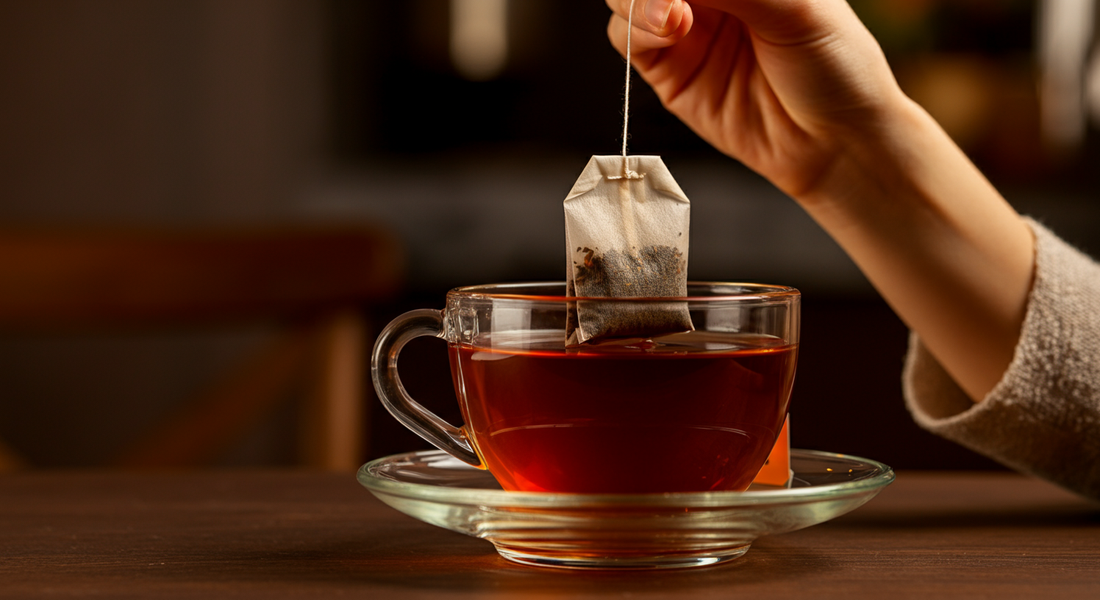 Person brewing tea by steeping a tea bag in a clear glass cup of amber tea.