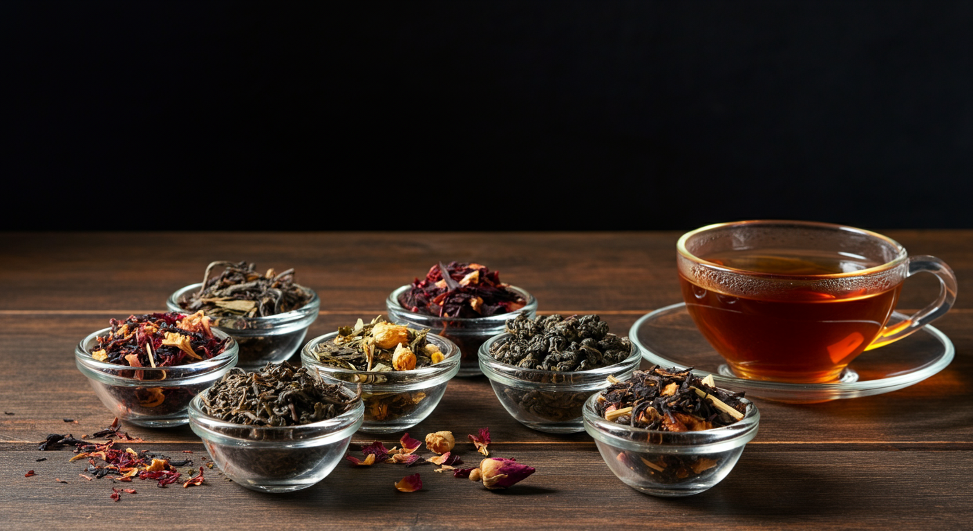 collection of small glass bowls filled with various loose leaf teas