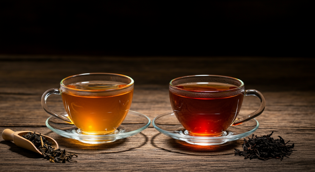 Two glass cups of tea, one golden oolong and one reddish-brown black tea, with loose leaves beside each.