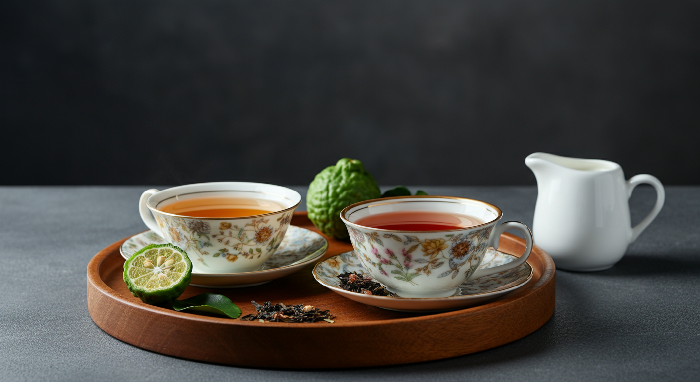 Porcelain teacups with floral patterns on a round wooden tray, one holding light amber Earl Grey tea with fresh bergamot slices, the other filled with reddish-brown English Breakfast tea with a milk pitcher, set against a gray background.