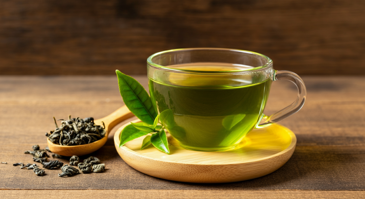 Glass cup filled with vibrant green tea on a light wooden saucer, accompanied by a wooden spoon of loose green tea leaves and fresh tea leaves scattered on a rustic wooden background.