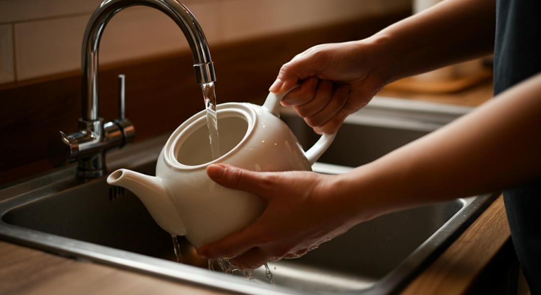 Hands washing a white ceramic teapot under a silver faucet in a kitchen sink.
