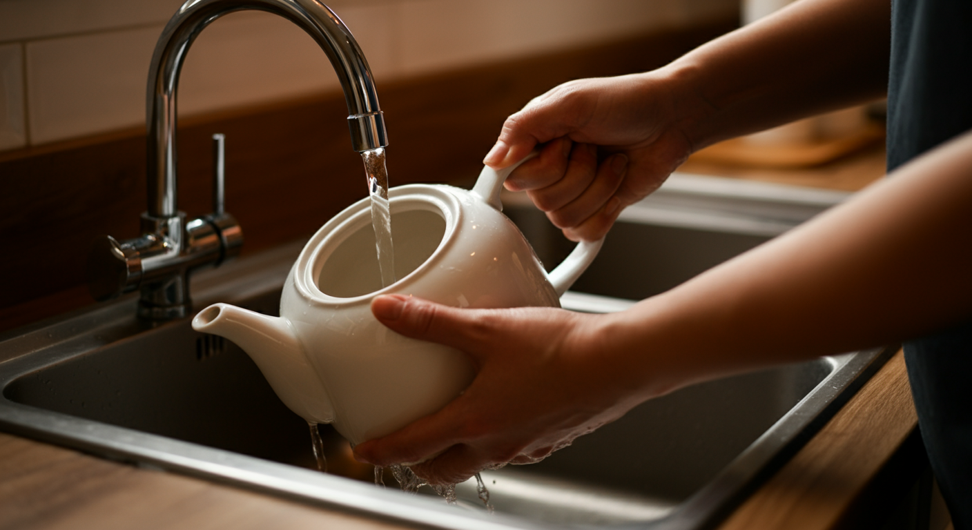 Hands washing a white ceramic teapot under a silver faucet in a kitchen sink.