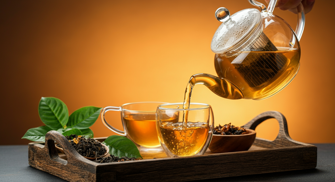A glass teapot pours herbal tea into a clear cup, both set on a rustic wooden tray. 
