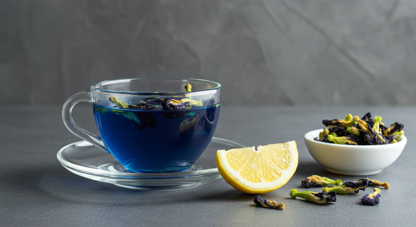 Butterfly pea flower tea in a glass cup with lemon and dried flowers on a textured gray background.