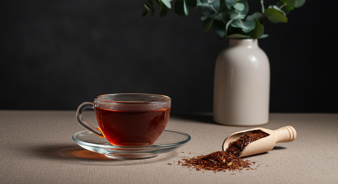 Cup of rooibos on glass saucer with loose leaf rooibos spilling from a wooden scoop beside a ceramic vase.