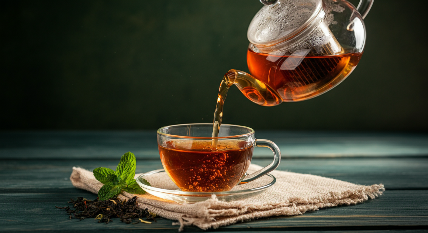 A close-up of tea leaves steeping in hot water, releasing color and flavor in a glass teapot."