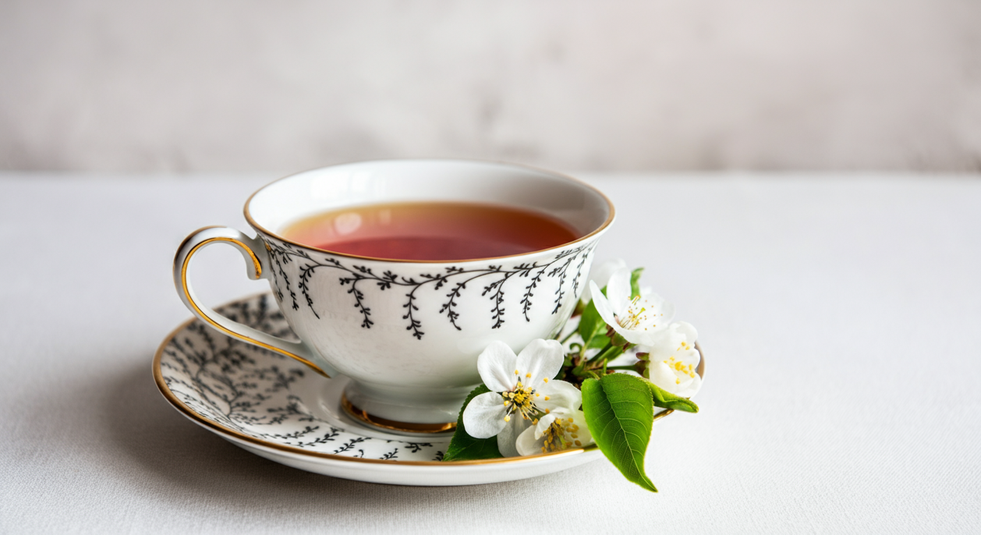 Close-up of an elegant porcelain teacup with gold trim and black floral pattern, filled with English Breakfast black Tea, placed on a saucer with fresh white blossoms and green leaves on a white tablecloth.