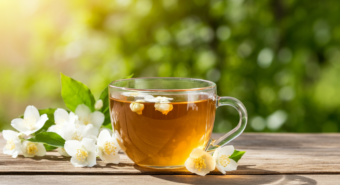 Glass cup of jasmine green tea with golden liquid and white petals on a wooden table, surrounded by fresh jasmine flowers with soft green foliage in the background.