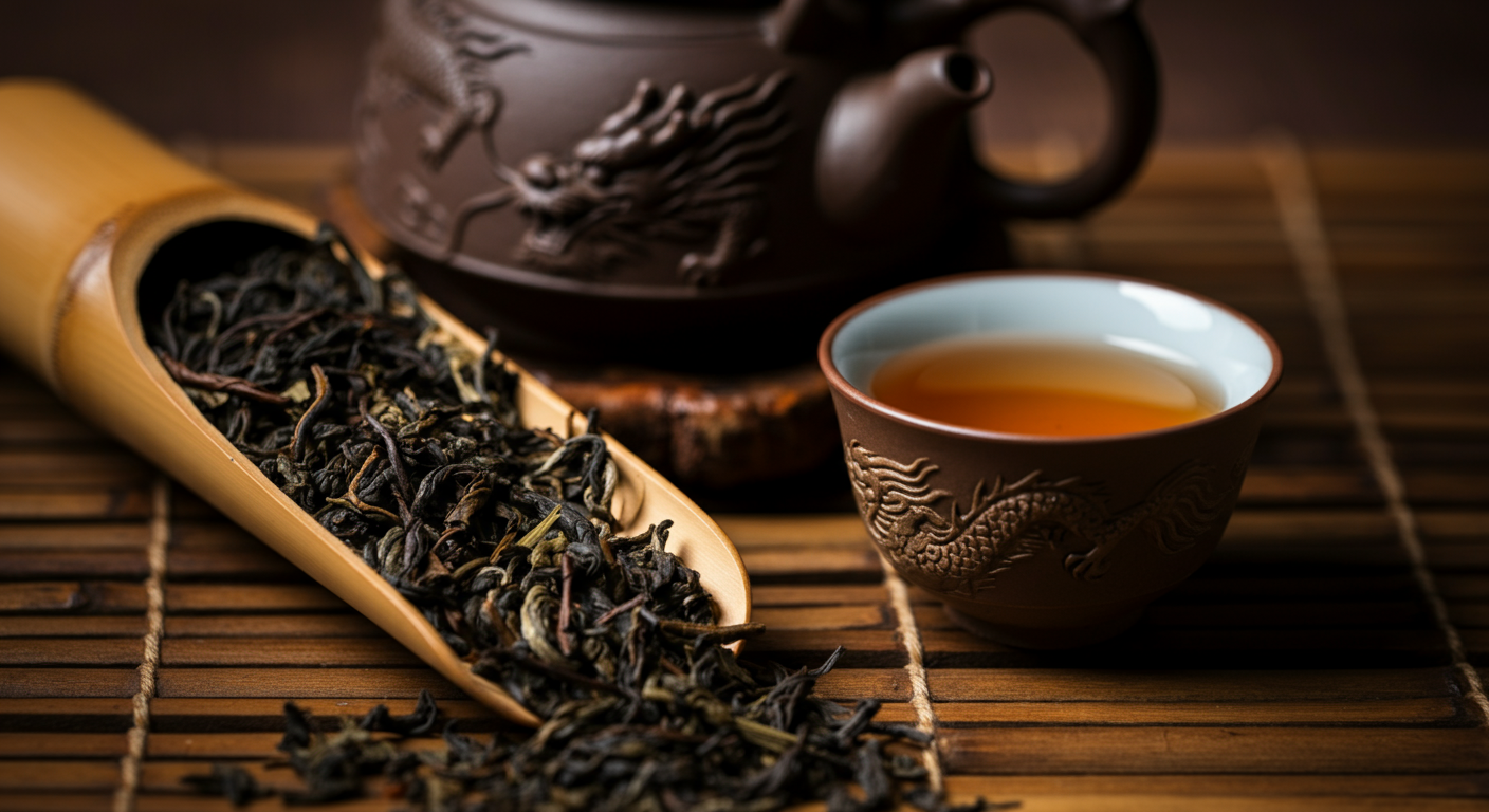 Bamboo scoop with loose tea leaves on a wooden surface next to a cup of tea and a carved ceramic teapot.