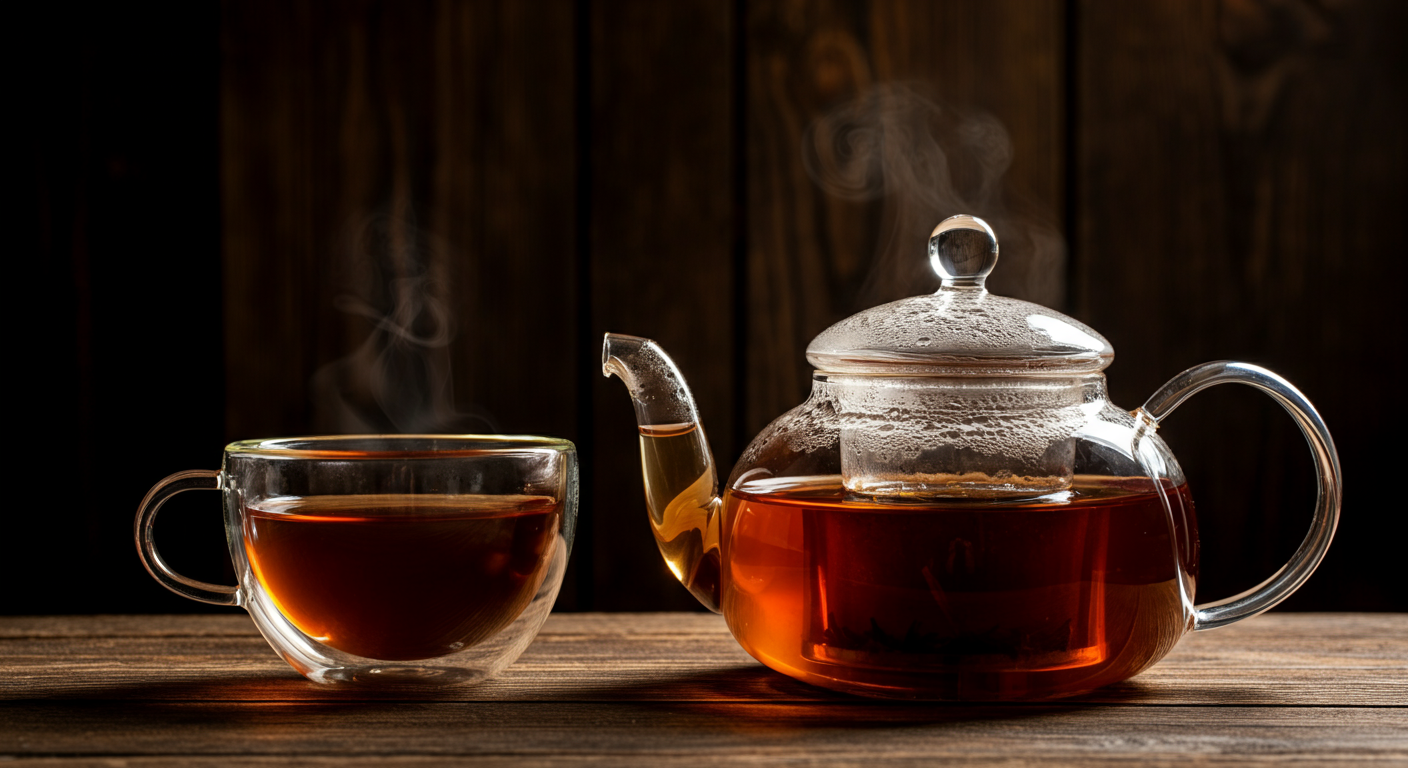 A steaming cup of black tea with deep amber color, showcasing its bold flavor profile and rich aroma