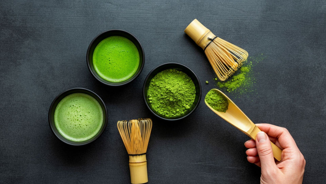 3 bowl containing matcha with 2 matcha whisk while a hand is holding a matcha powder in a bamboo spoon