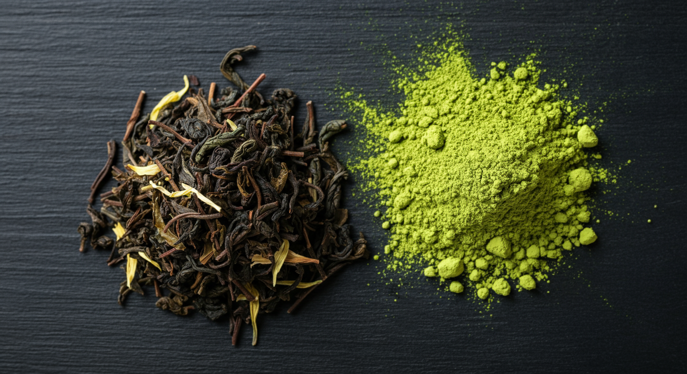 Comparison of green tea leaves and matcha powder, showcasing color and texture differences for tea lovers