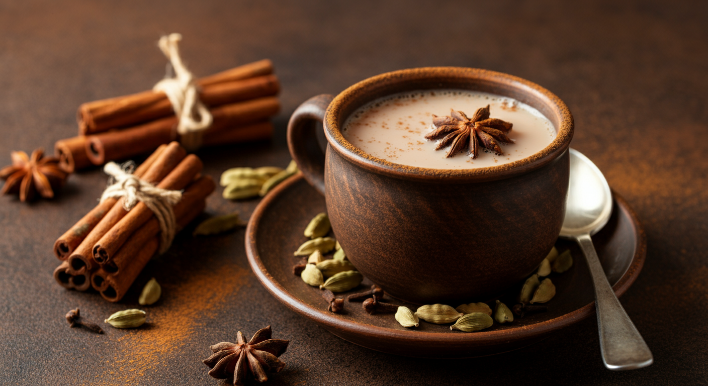 A steaming cup of chai tea with visible spices like cinnamon and cardamom on a wooden table