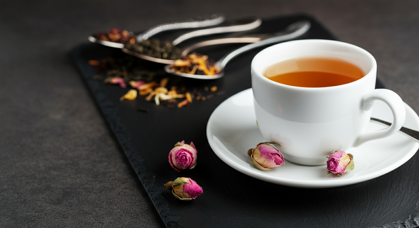 A steaming cup of herbal tea with fresh herbs on the side