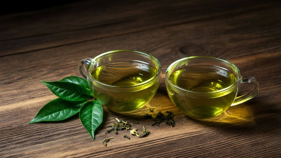 2 Teacups with Green tea and tea leaves scattered
