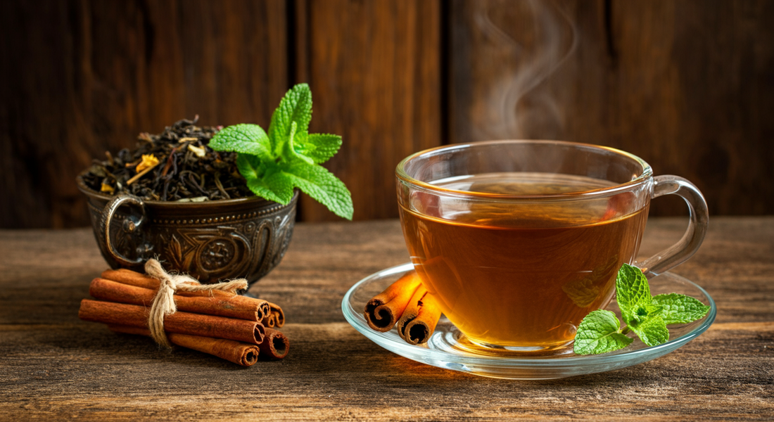 A cup of Darjeeling tea with loose leaves beside it