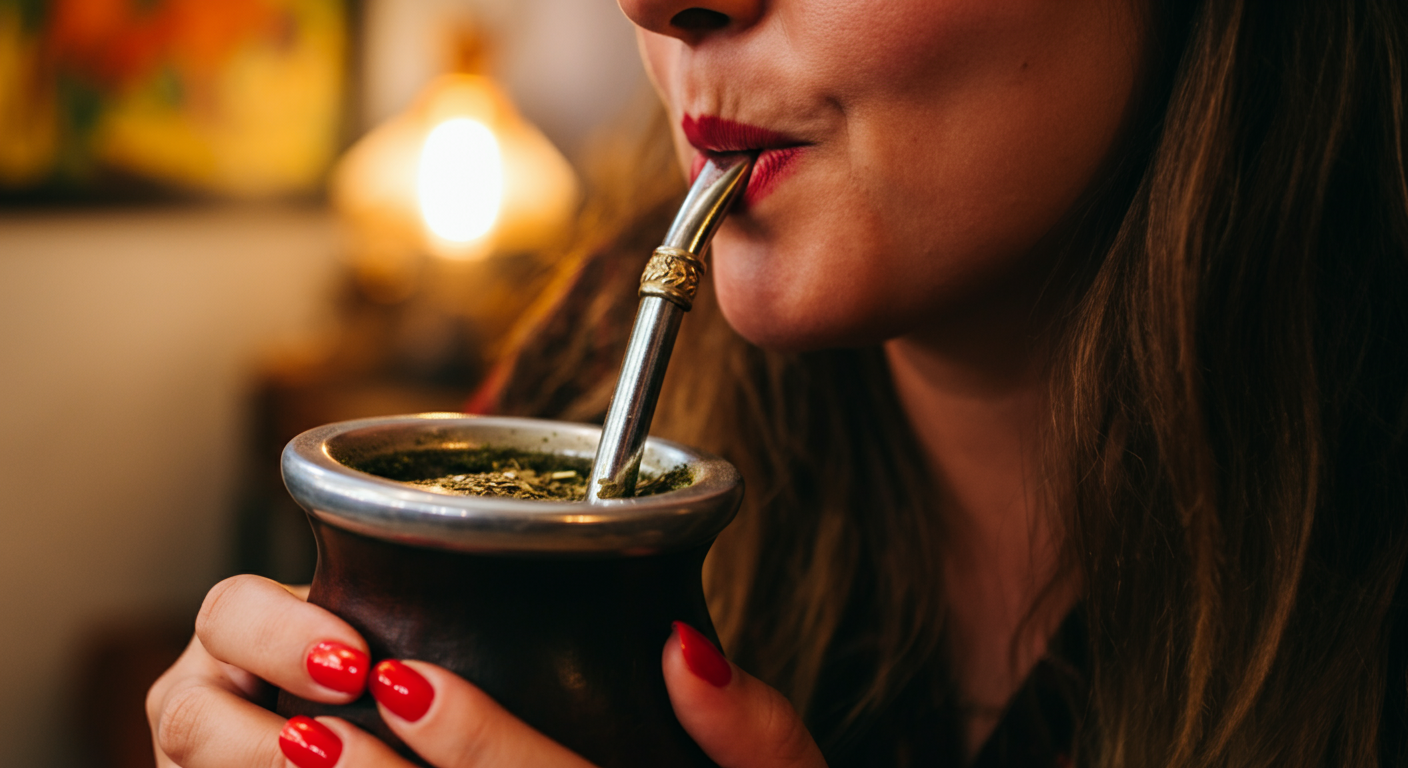 Young woman drinking yerba mate from a traditional gourd with a metal straw.
