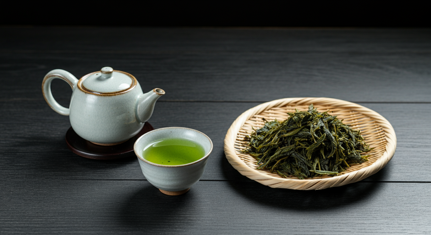 Serene Japanese tea setup with a kyusu teapot, a white cup of green tea, and fresh leaves on a bamboo tray, softly lit on dark wood for a calm, artisanal feel.