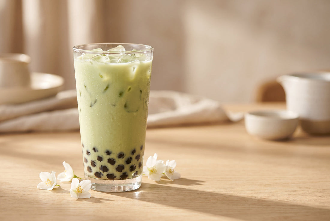 Iced jasmine milk tea with boba pearls in a tall glass