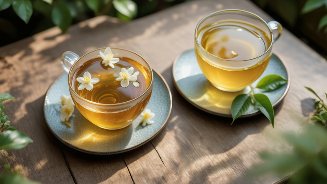 A cup of jasmine green tea vs green tea on a wooden table, highlighting jasmine scented green tea and dragon well green tea, showcasing how tea absorbs the delicate floral scent from fresh jasmine blossoms for a refreshing beverage.