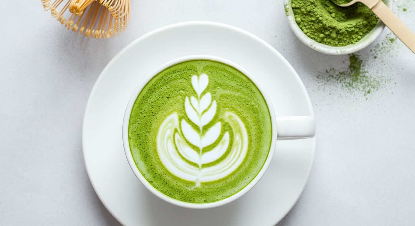 a vibrant green matcha latte with leaf latte art in a white cup and saucer.