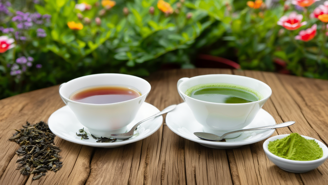 A cup of black tea and matcha green tea with a bowl of black tea leaves and a bowl of matcha powder, comparing types of tea where matcha typically provides a bright green color and a sustained energy boost, while black tea offers a rich flavor.