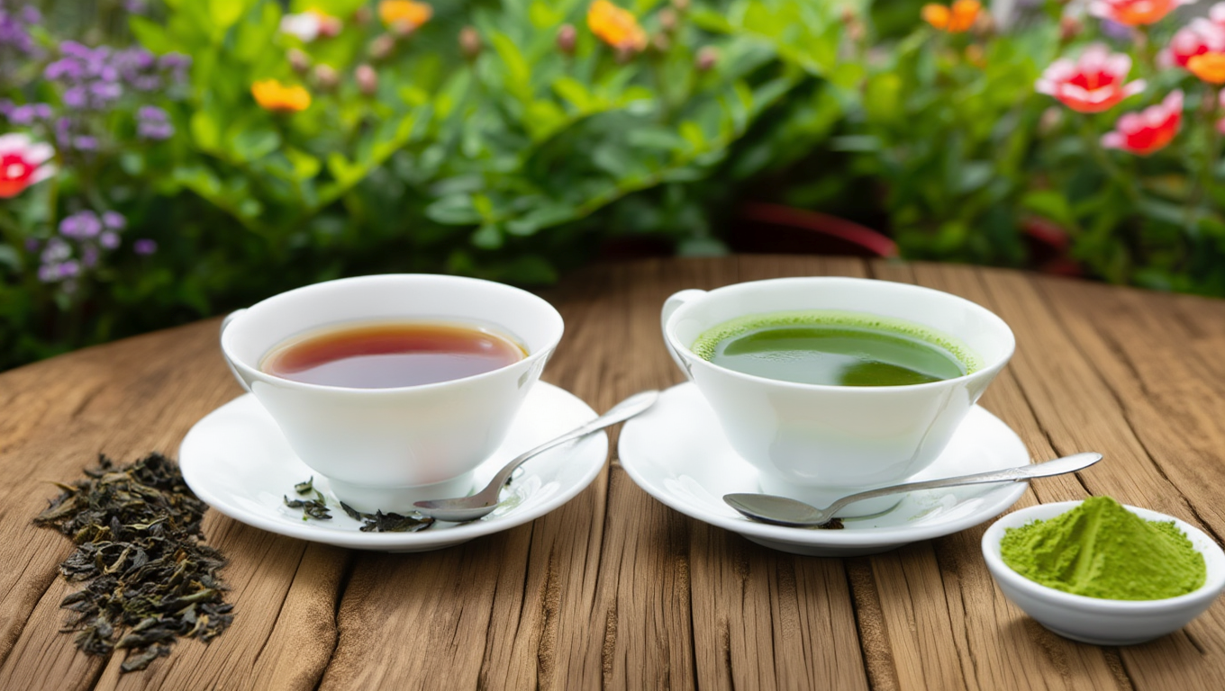 A cup of black tea and matcha green tea with a bowl of black tea leaves and a bowl of matcha powder, comparing types of tea where matcha typically provides a bright green color and a sustained energy boost, while black tea offers a rich flavor.