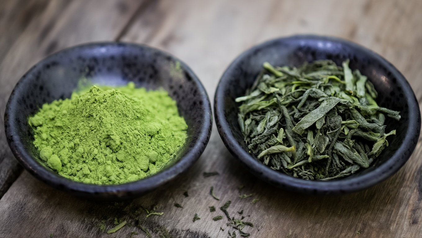 A bowl of matcha and sencha tea leaves side by side as comparison, both coming from the same tea plant, Camellia Sinensis